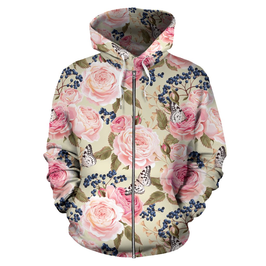 Floral Pink Butterfly Print Zip Up Hoodie