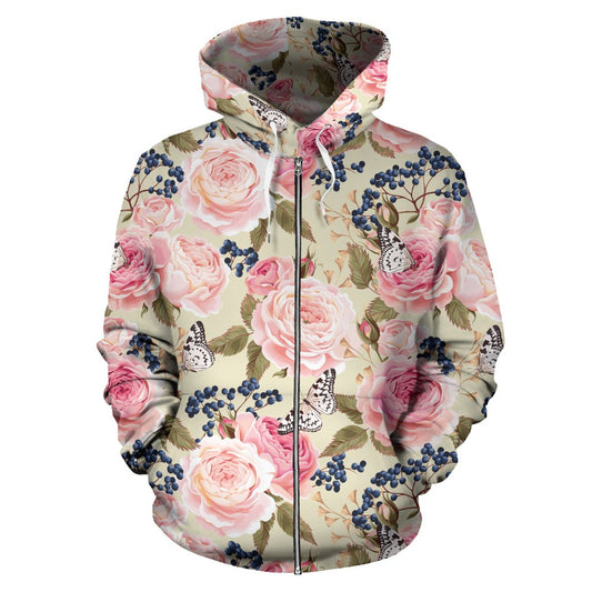 Floral Pink Butterfly Print Zip Up Hoodie