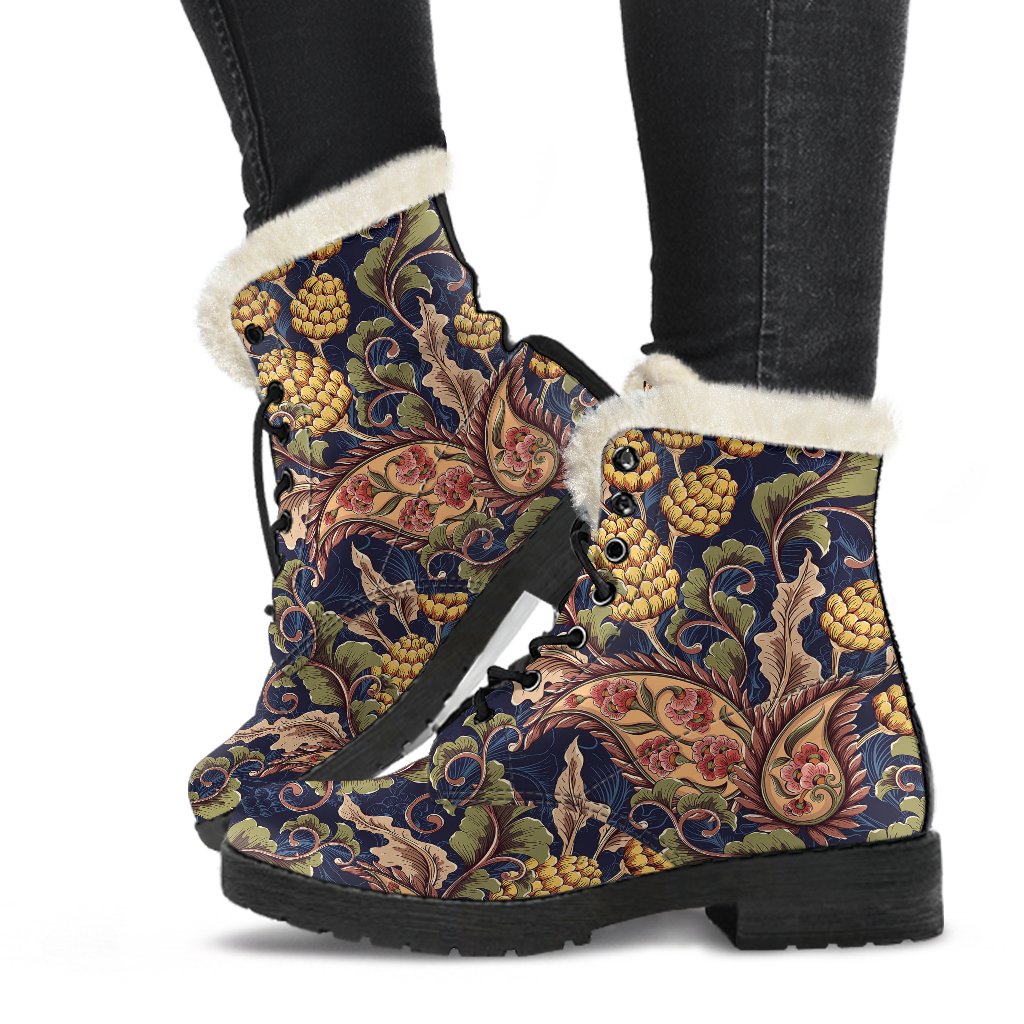 Floral Vintage Classic Print Faux Fur Leather Boots-JTAMIGO.COM