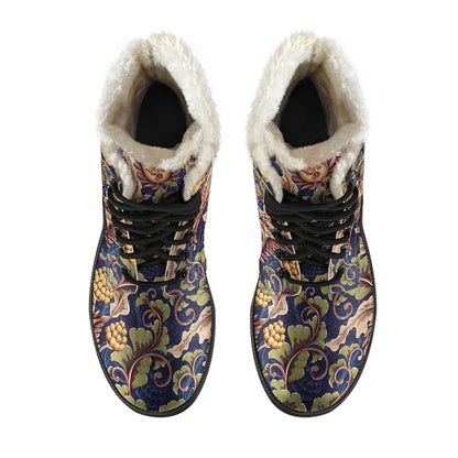 Floral Vintage Classic Print Faux Fur Leather Boots-JTAMIGO.COM
