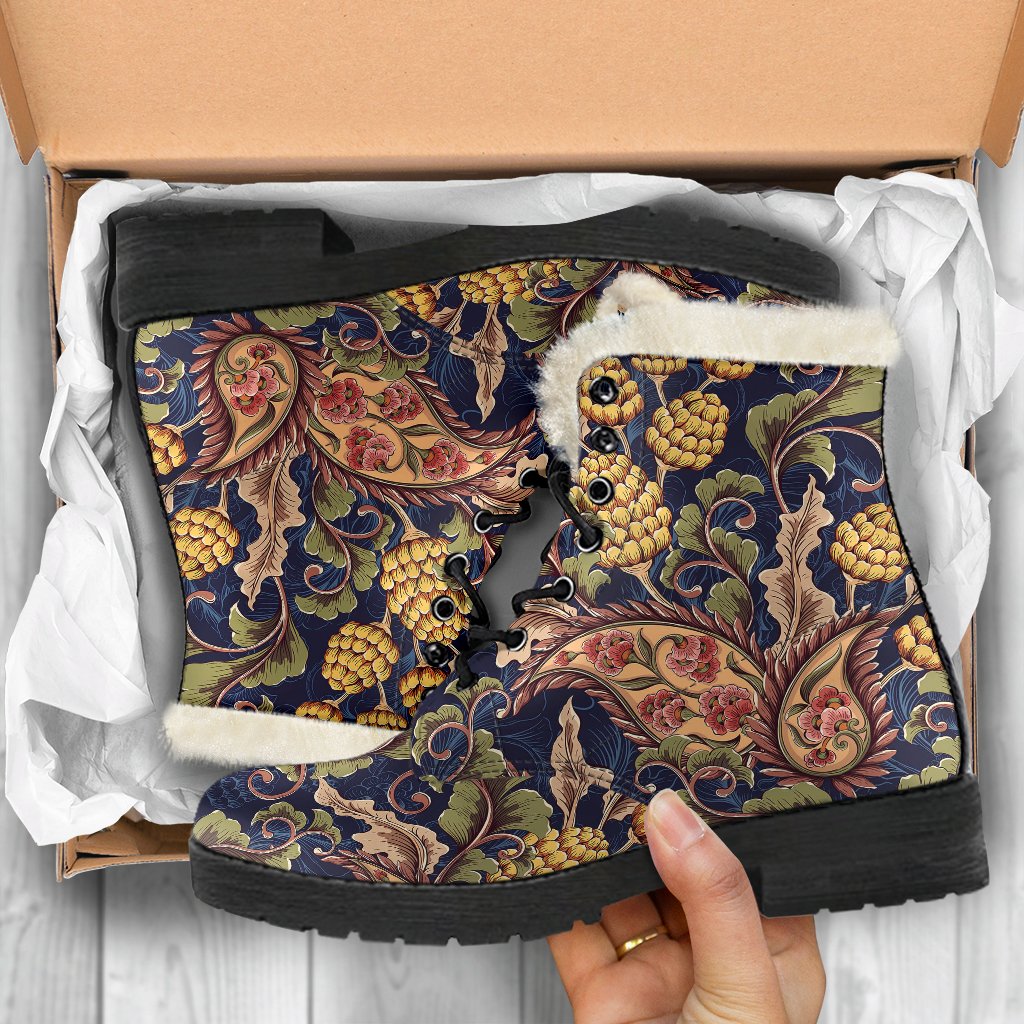 Floral Vintage Classic Print Faux Fur Leather Boots-JTAMIGO.COM