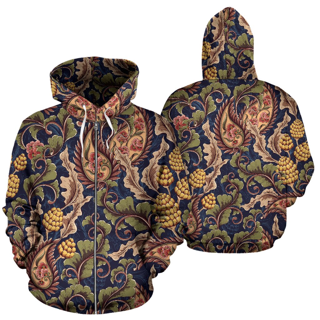 Floral Vintage Classic Print Zip Up Hoodie