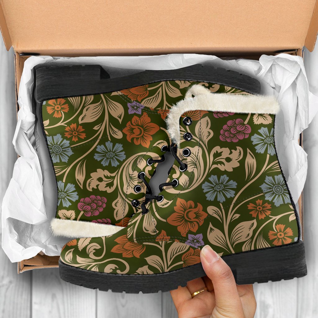 Floral Vintage Print Pattern Faux Fur Leather Boots-JTAMIGO.COM