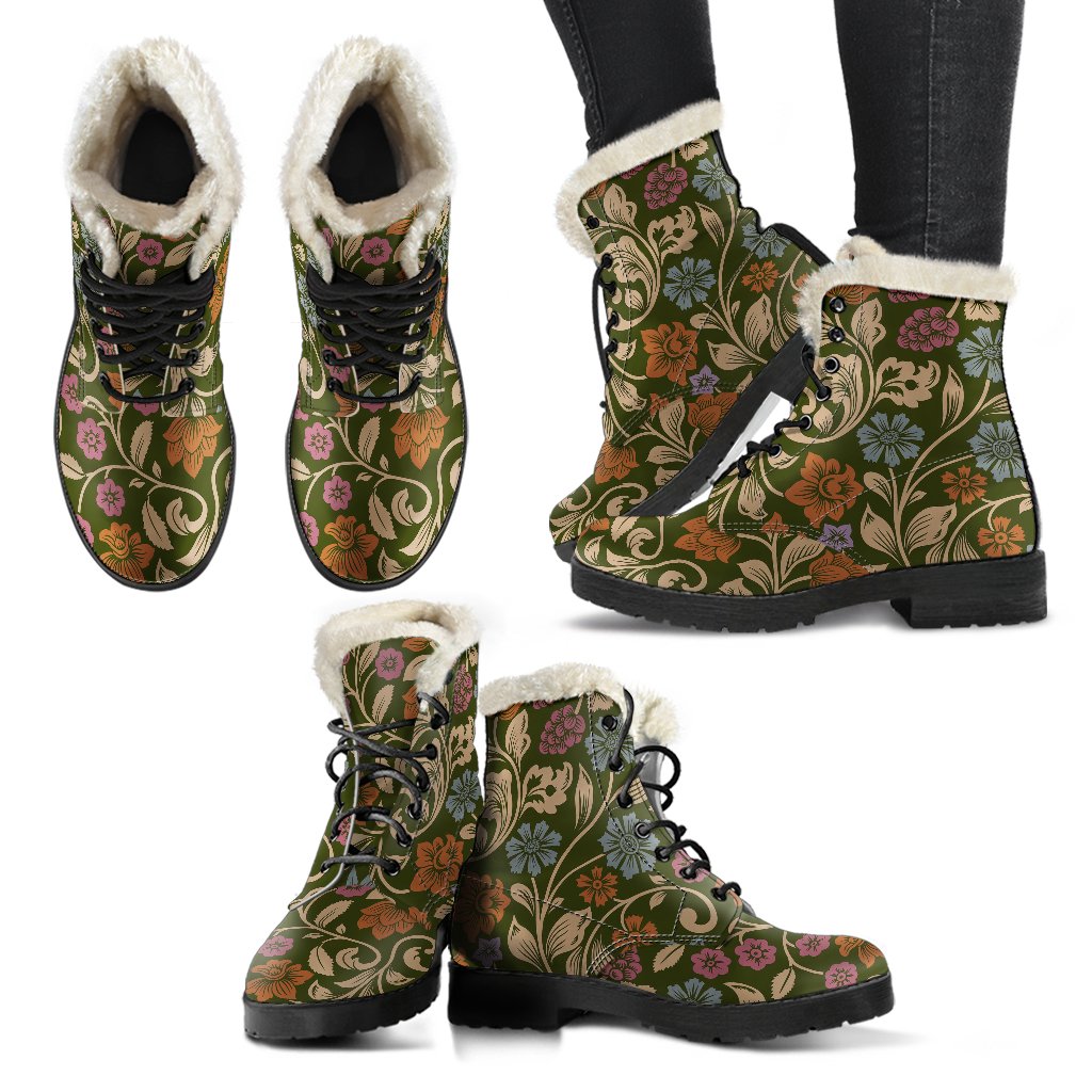 Floral Vintage Print Pattern Faux Fur Leather Boots-JTAMIGO.COM