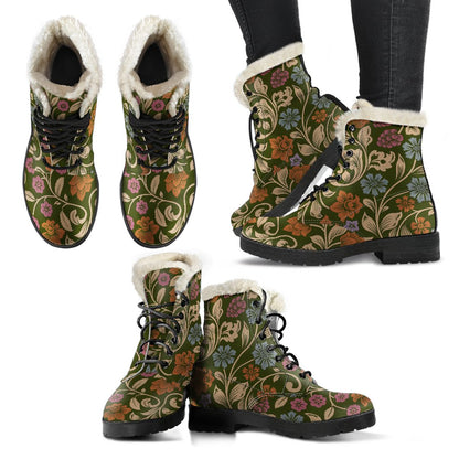 Floral Vintage Print Pattern Faux Fur Leather Boots-JTAMIGO.COM