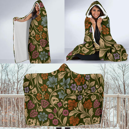 Floral Vintage Print Pattern Hooded Blanket-JTAMIGO.COM