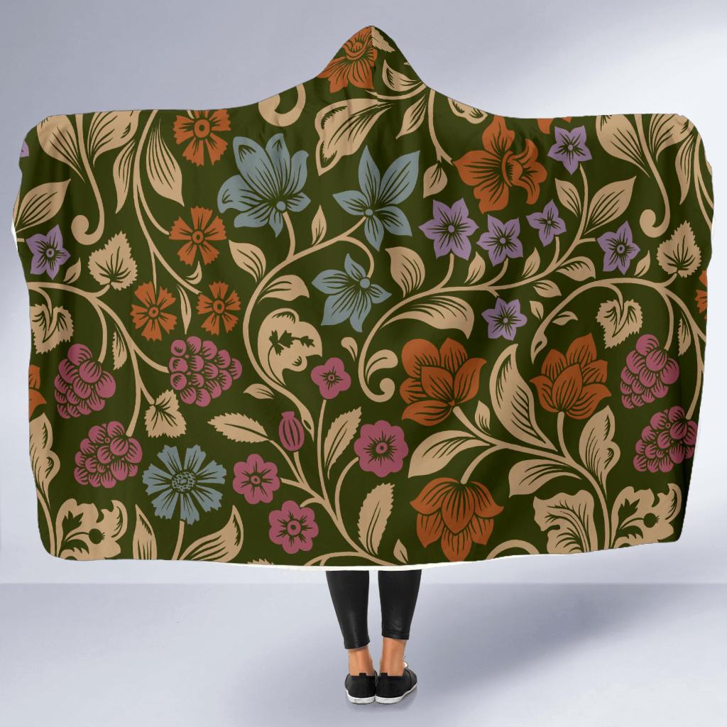 Floral Vintage Print Pattern Hooded Blanket-JTAMIGO.COM