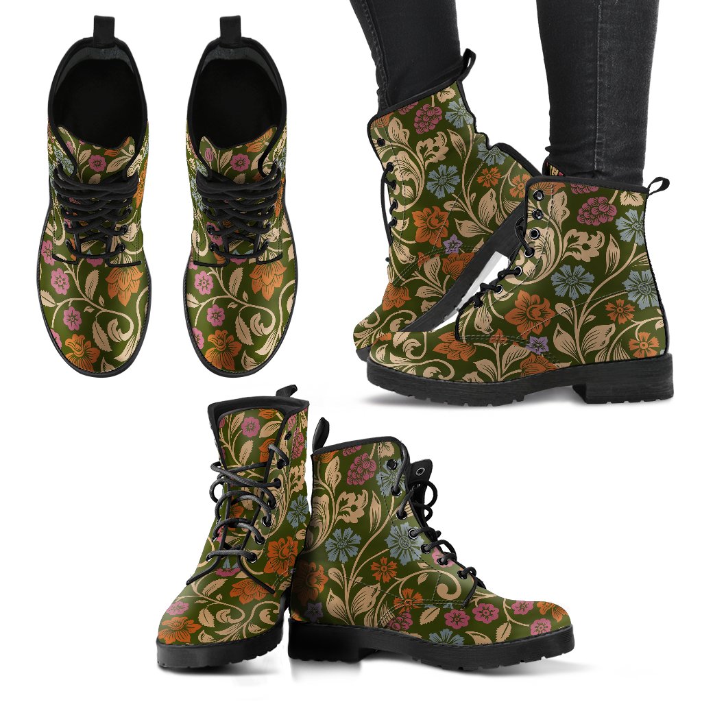 Floral Vintage Print Pattern Women Leather Boots-JTAMIGO.COM