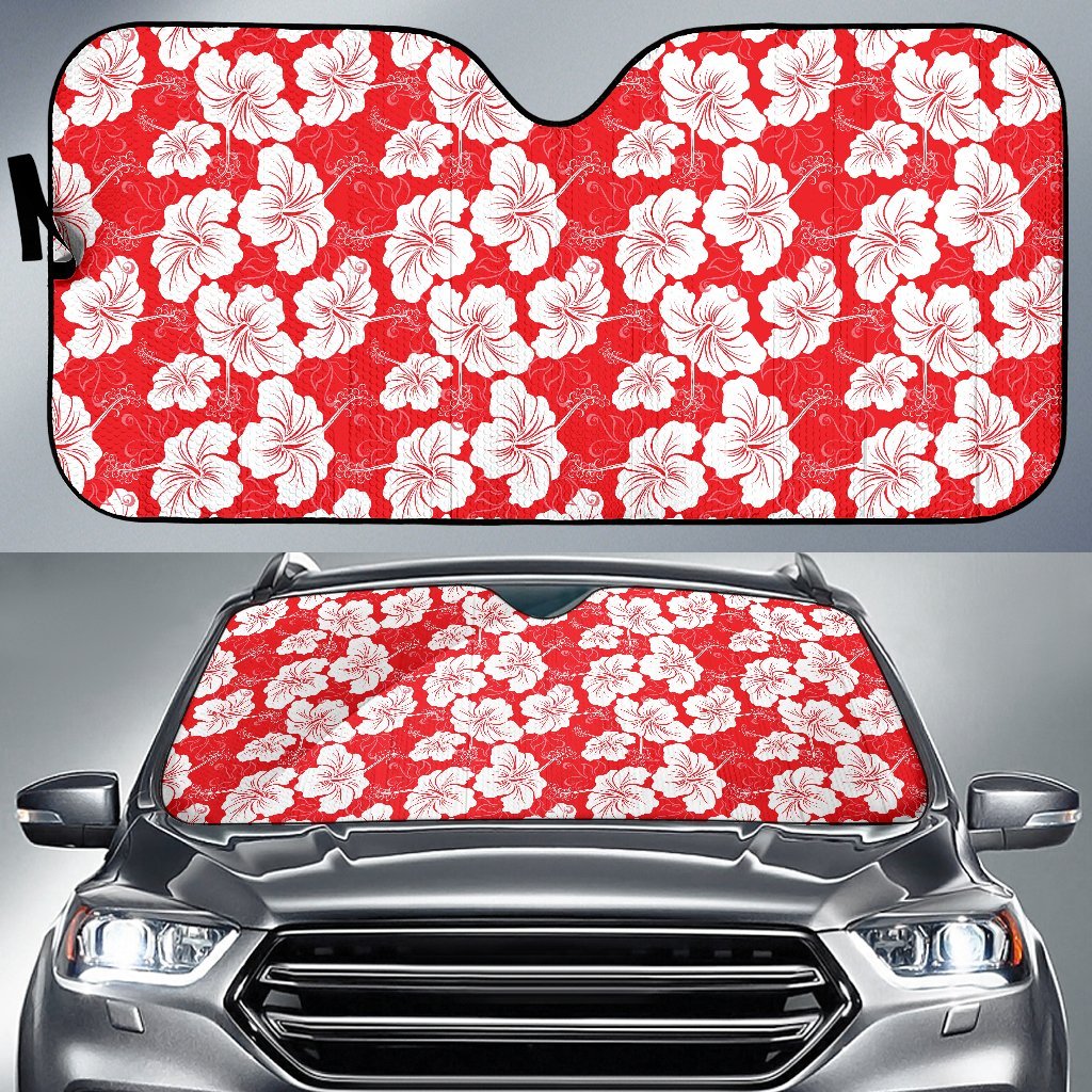 Flower Hawaiian Hibiscus Red Background Print Car Sun Shade For Windshield