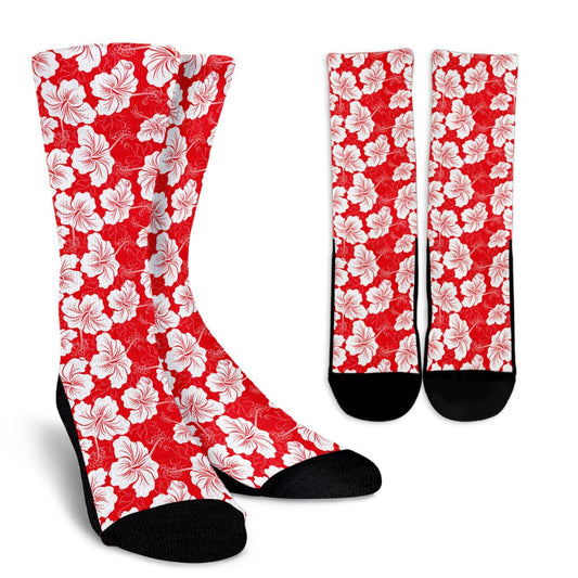 Flower Hawaiian Hibiscus Red Background Print Crew Socks