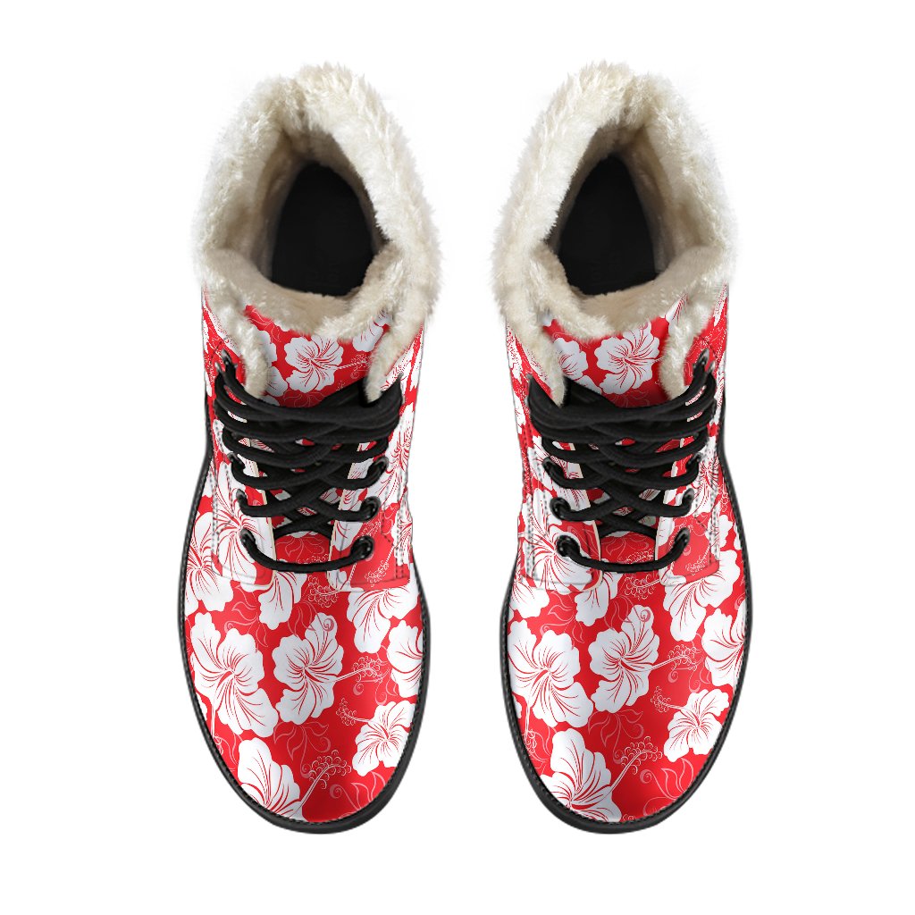 Flower Hawaiian Hibiscus Red Background Print Faux Fur Leather Boots-JTAMIGO.COM