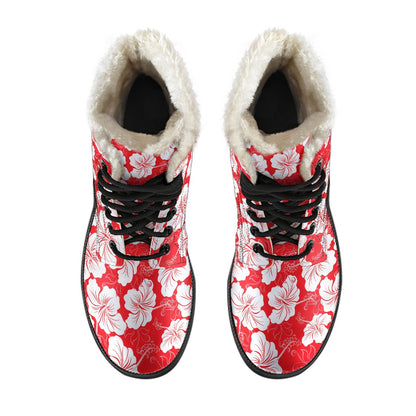 Flower Hawaiian Hibiscus Red Background Print Faux Fur Leather Boots-JTAMIGO.COM