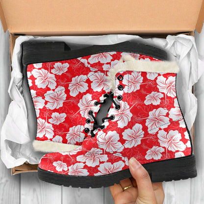 Flower Hawaiian Hibiscus Red Background Print Faux Fur Leather Boots-JTAMIGO.COM