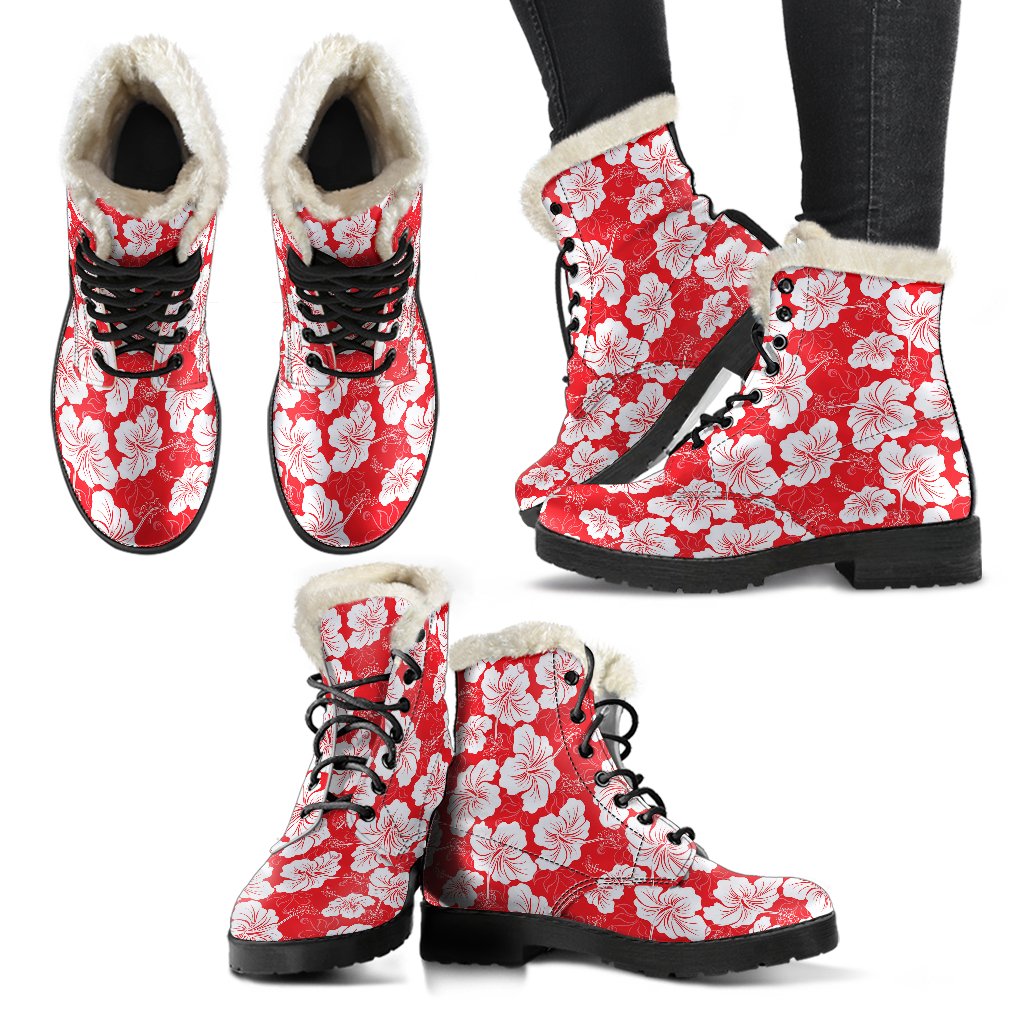 Flower Hawaiian Hibiscus Red Background Print Faux Fur Leather Boots-JTAMIGO.COM
