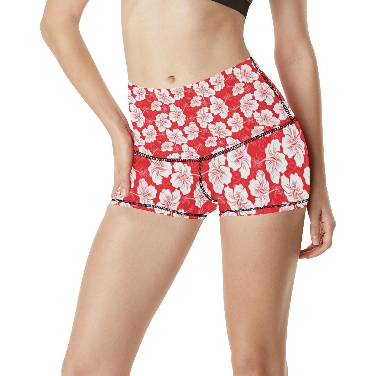 Flower Hawaiian Hibiscus Red Background Print High Waisted Spandex Shorts-JTAMIGO.COM