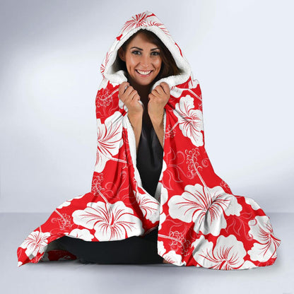 Flower Hawaiian Hibiscus Red Background Print Hooded Blanket-JTAMIGO.COM