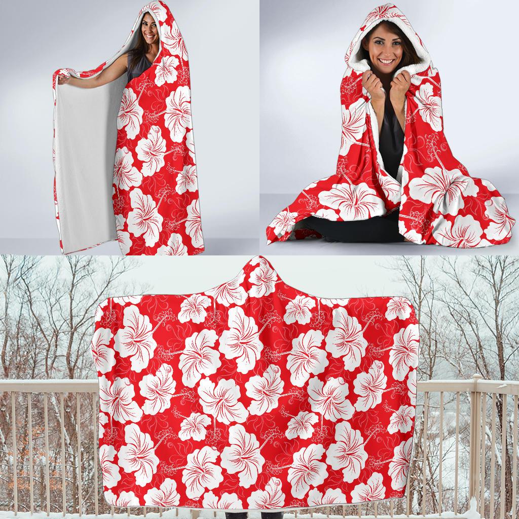 Flower Hawaiian Hibiscus Red Background Print Hooded Blanket-JTAMIGO.COM