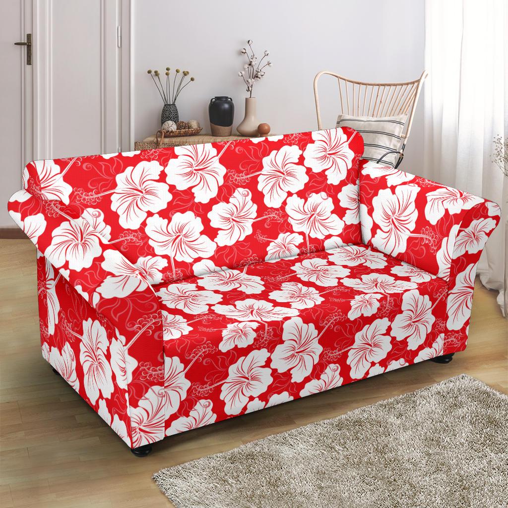 Flower Hawaiian Hibiscus Red Background Print Loveseat Slipcover-JTAMIGO.COM