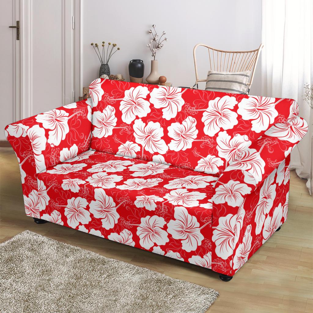 Flower Hawaiian Hibiscus Red Background Print Loveseat Slipcover-JTAMIGO.COM