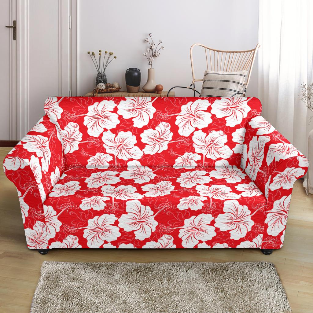 Flower Hawaiian Hibiscus Red Background Print Loveseat Slipcover-JTAMIGO.COM
