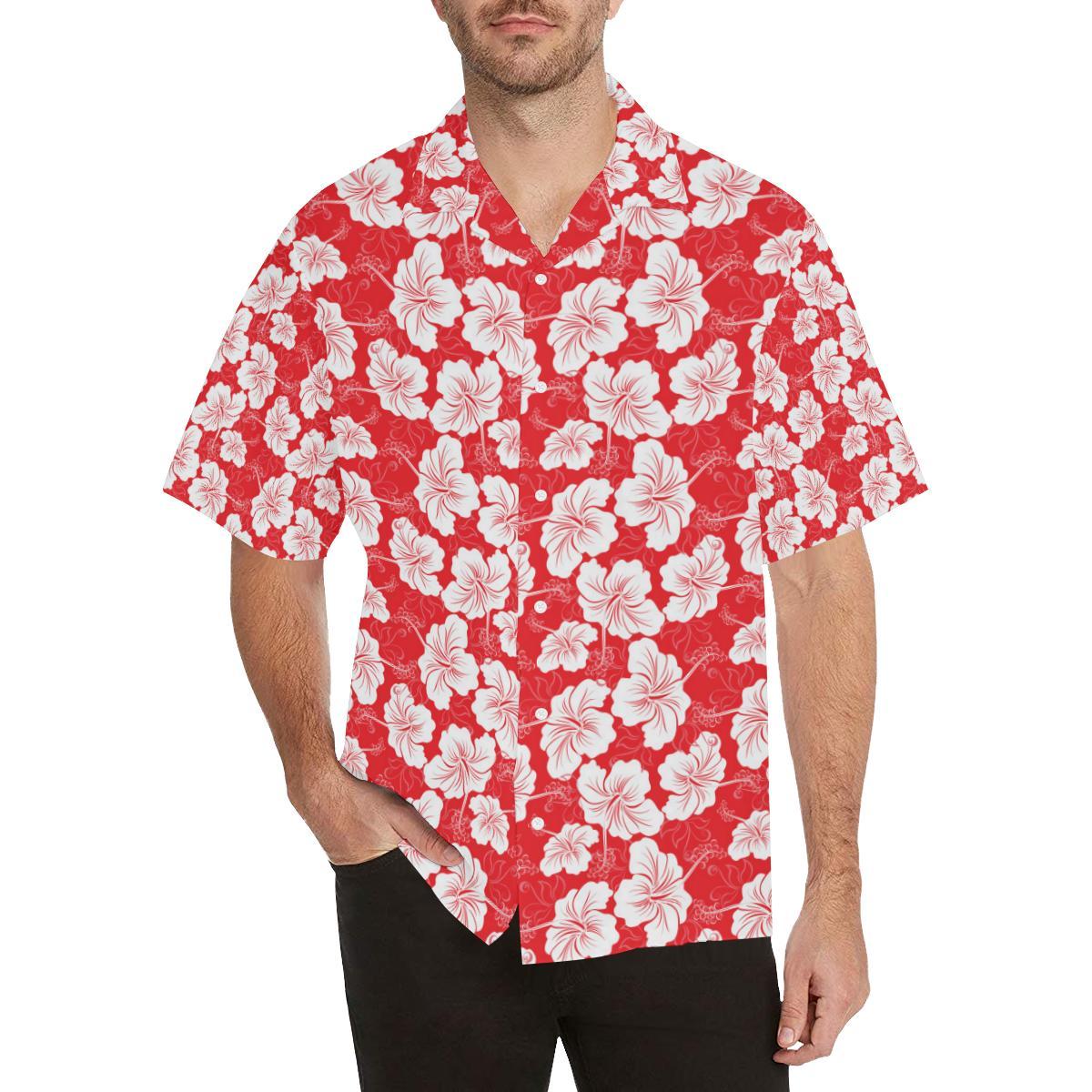 Flower Hawaiian Hibiscus Red Background Print Men Aloha Hawaiian Shirt