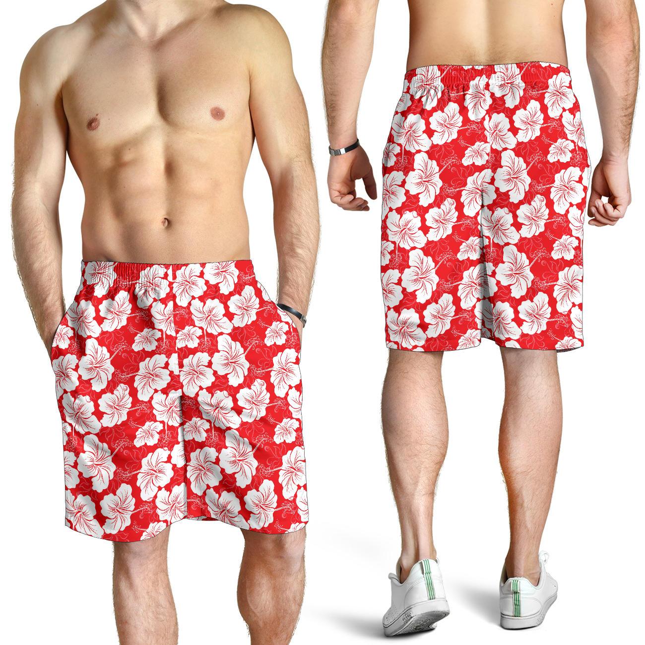 Flower Hawaiian Hibiscus Red Background Print Mens Shorts-JTAMIGO.COM