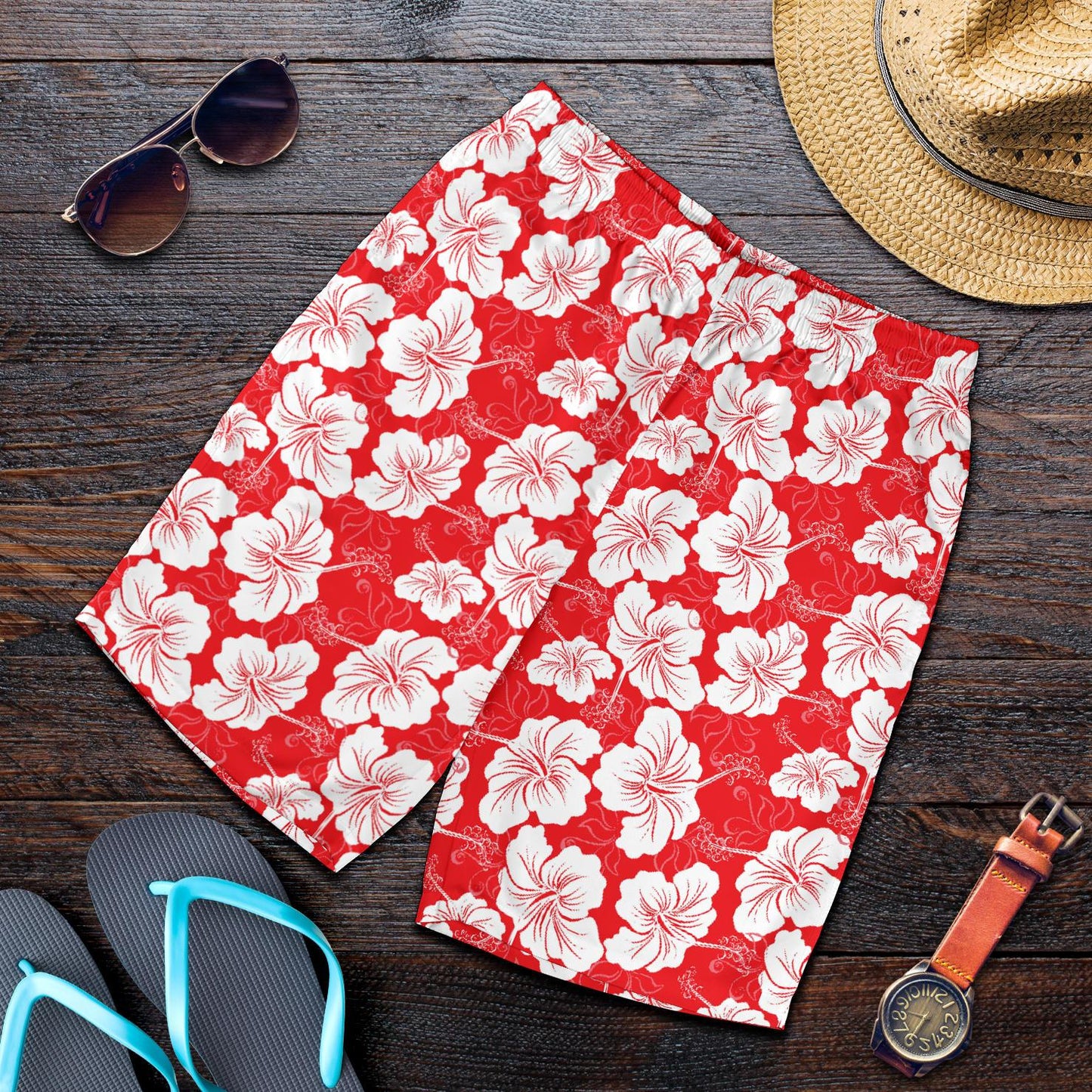 Flower Hawaiian Hibiscus Red Background Print Mens Shorts-JTAMIGO.COM