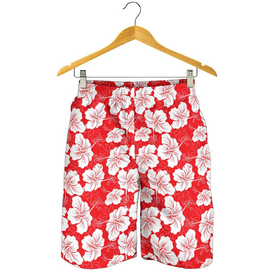 Flower Hawaiian Hibiscus Red Background Print Mens Shorts-JTAMIGO.COM