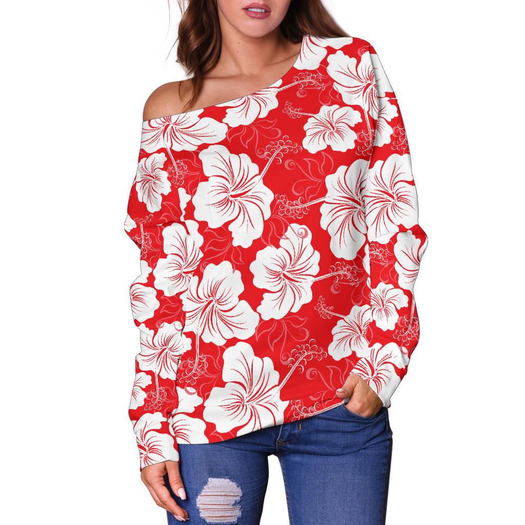 Flower Hawaiian Hibiscus Red Background Print Off Shoulder Sweatshirt