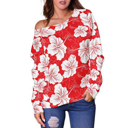 Flower Hawaiian Hibiscus Red Background Print Off Shoulder Sweatshirt