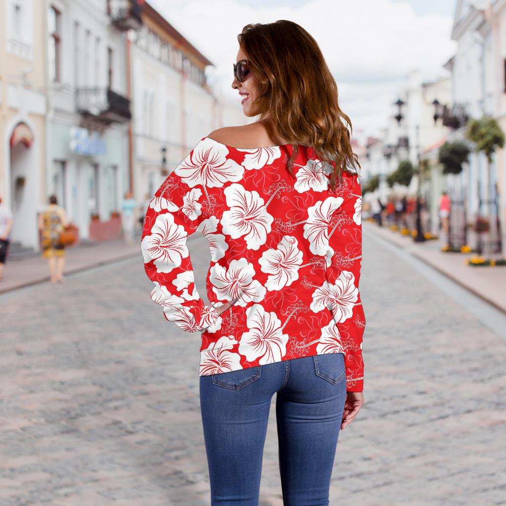 Flower Hawaiian Hibiscus Red Background Print Off Shoulder Sweatshirt