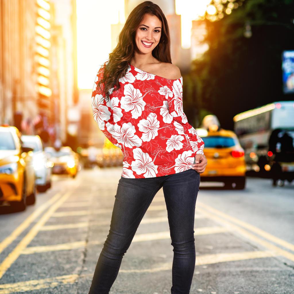 Flower Hawaiian Hibiscus Red Background Print Off Shoulder Sweatshirt