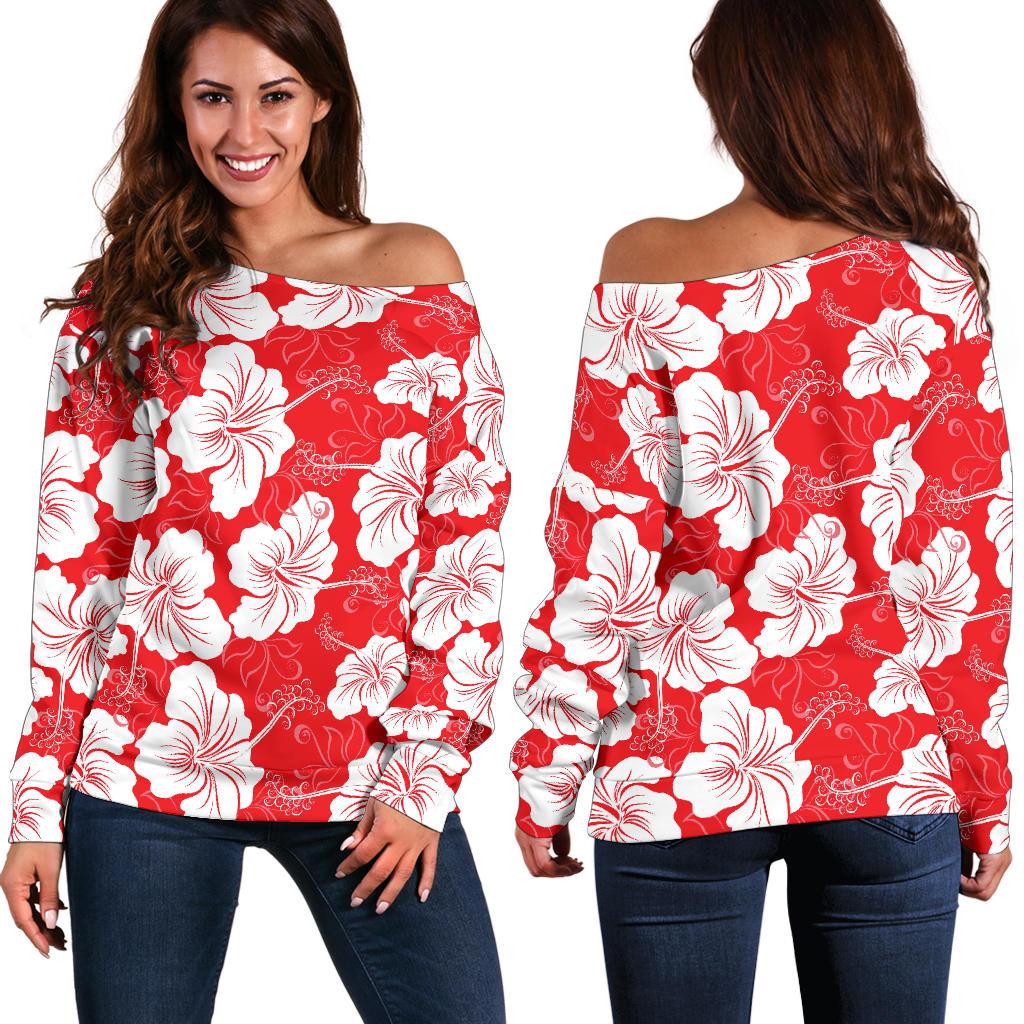 Flower Hawaiian Hibiscus Red Background Print Off Shoulder Sweatshirt
