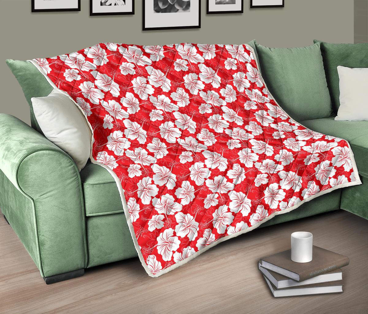 Flower Hawaiian Hibiscus Red Background Print Premium Quilt-JTAMIGO.COM