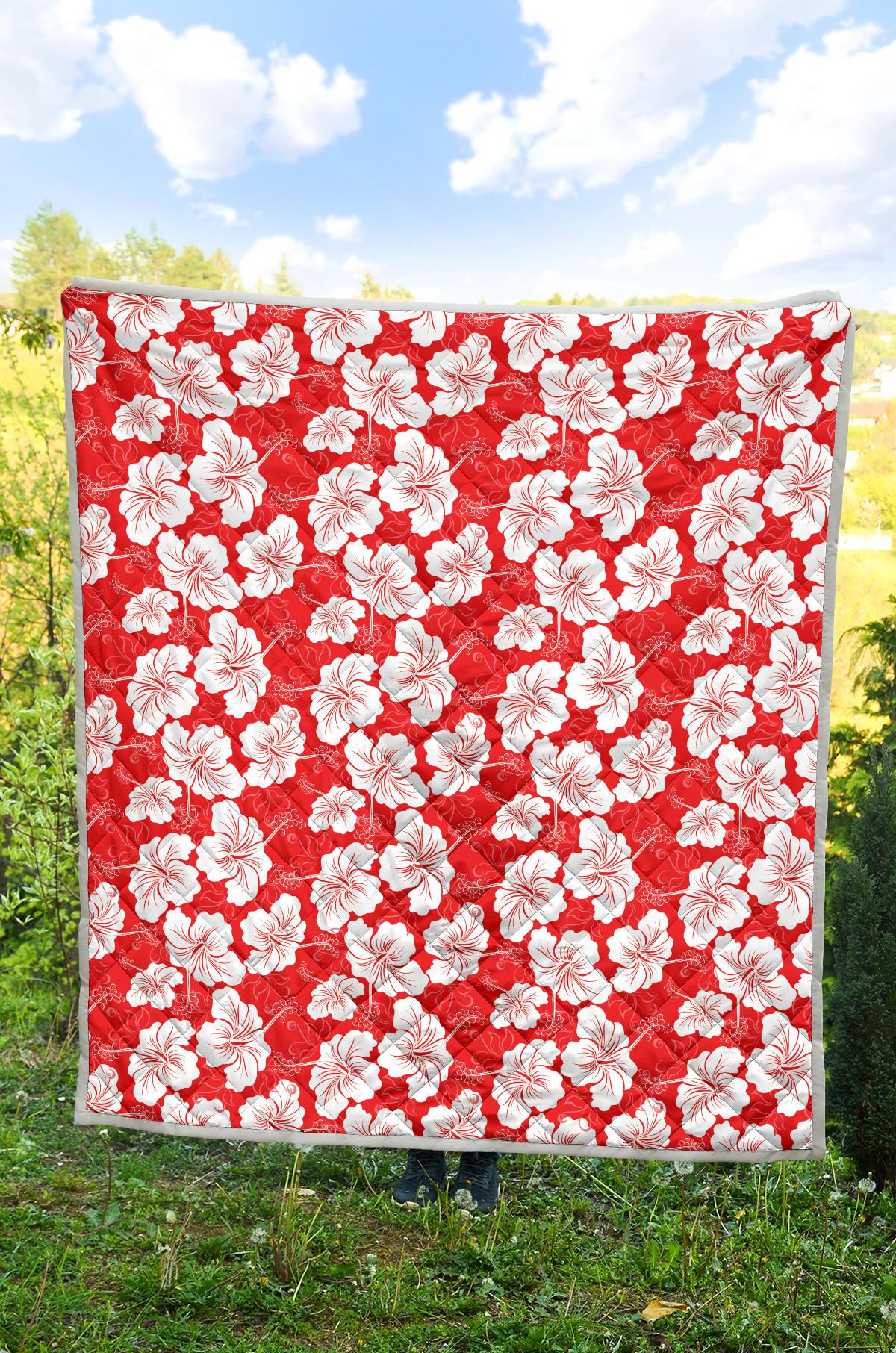 Flower Hawaiian Hibiscus Red Background Print Premium Quilt-JTAMIGO.COM