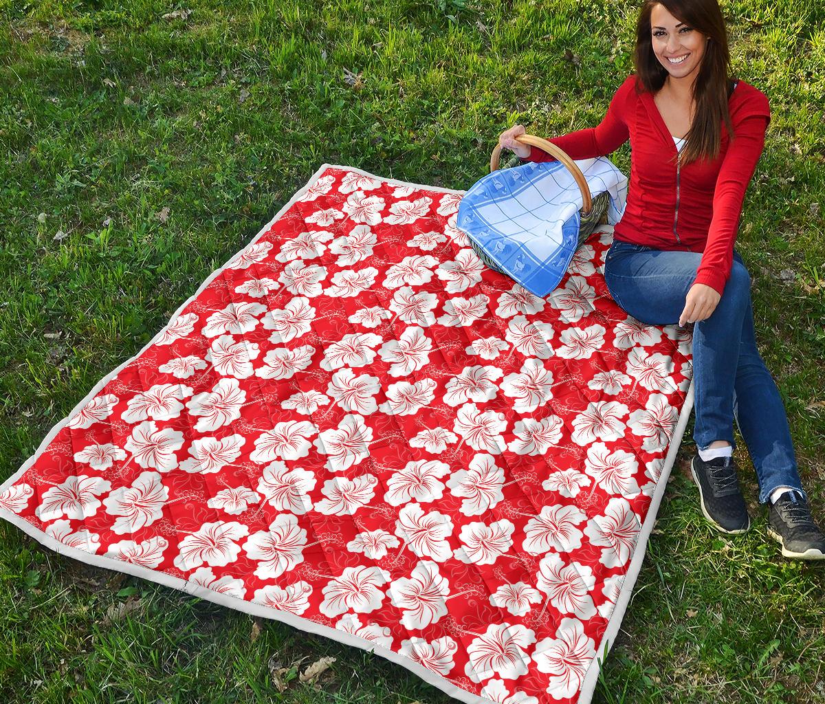 Flower Hawaiian Hibiscus Red Background Print Premium Quilt-JTAMIGO.COM