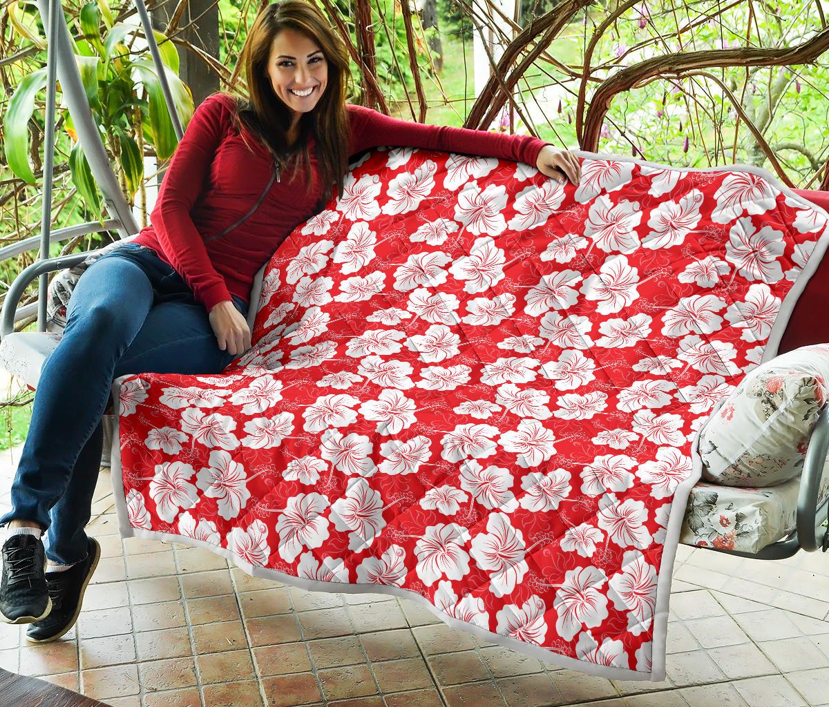 Flower Hawaiian Hibiscus Red Background Print Premium Quilt-JTAMIGO.COM