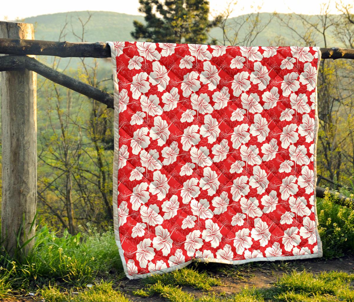 Flower Hawaiian Hibiscus Red Background Print Premium Quilt-JTAMIGO.COM