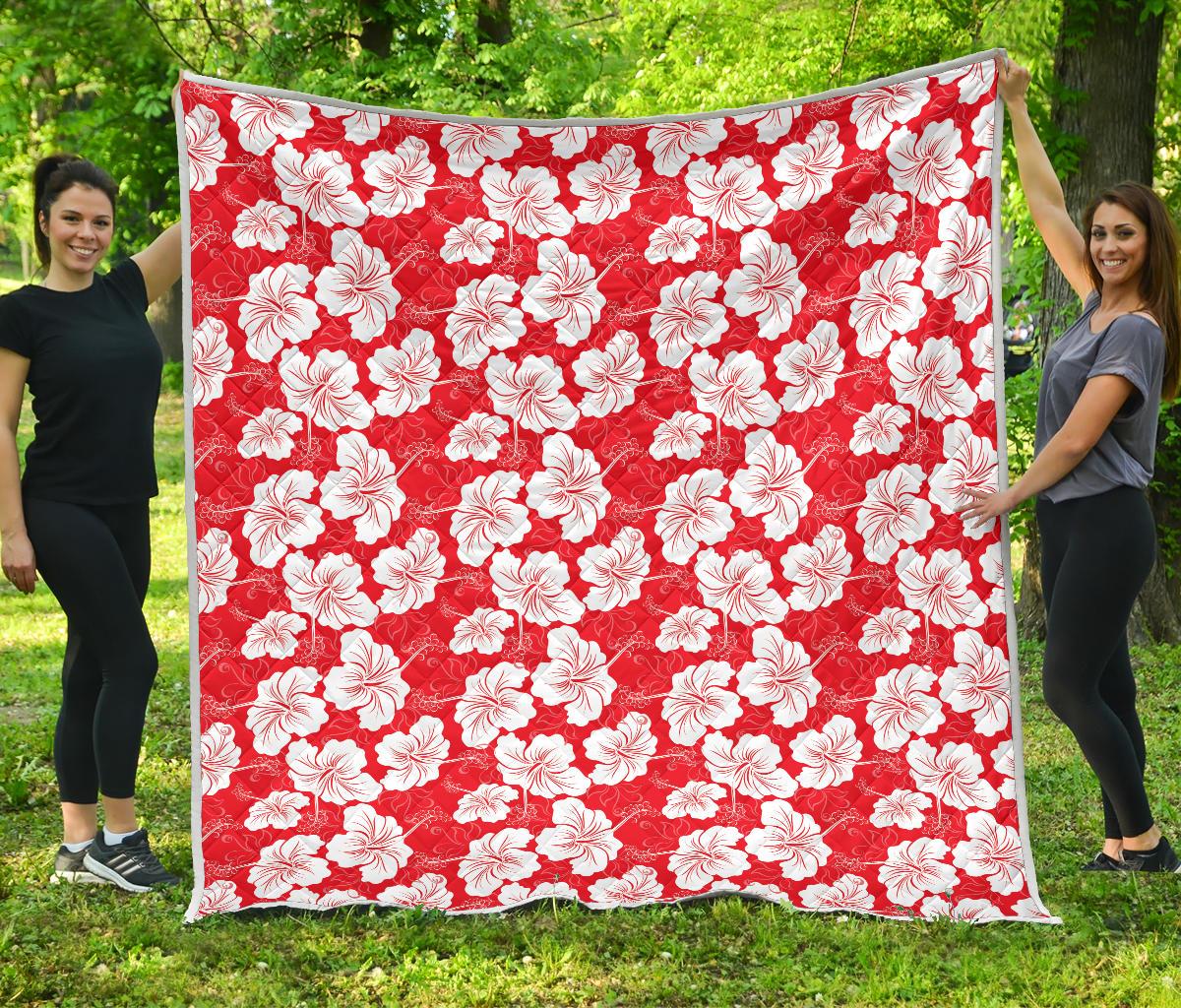 Flower Hawaiian Hibiscus Red Background Print Premium Quilt-JTAMIGO.COM