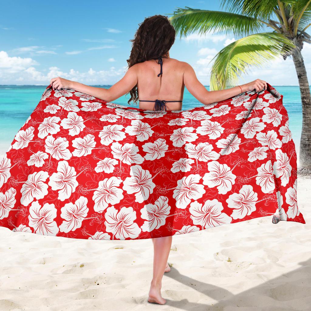 Flower Hawaiian Hibiscus Red Background Print Sarong Pareo Wrap