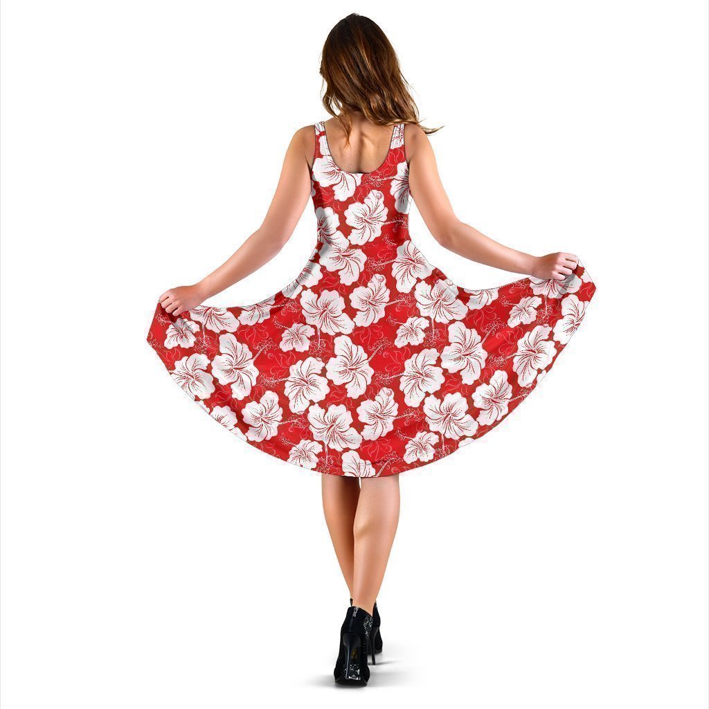 Flower Hawaiian Hibiscus Red Background Print Sleeveless Dress