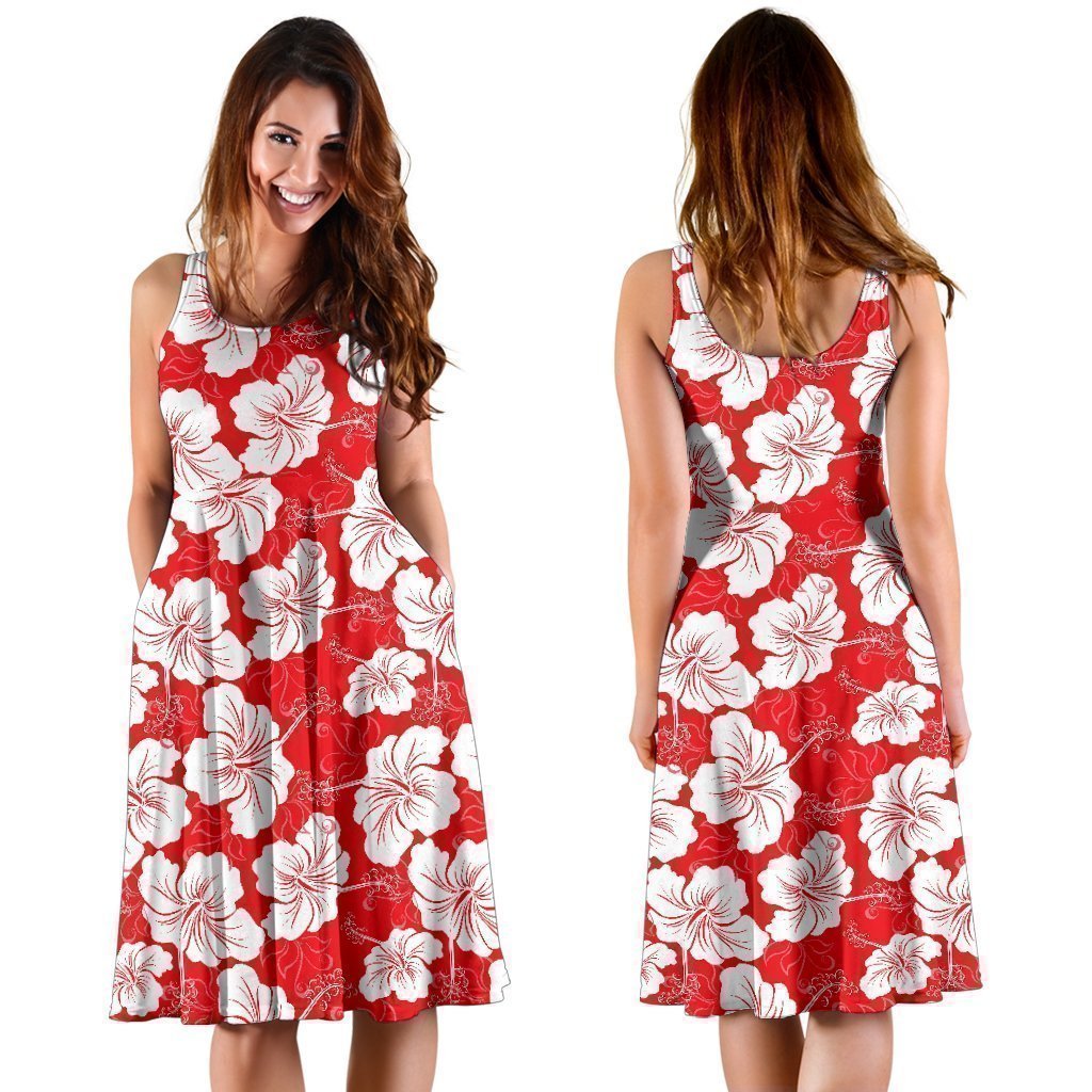 Flower Hawaiian Hibiscus Red Background Print Sleeveless Dress