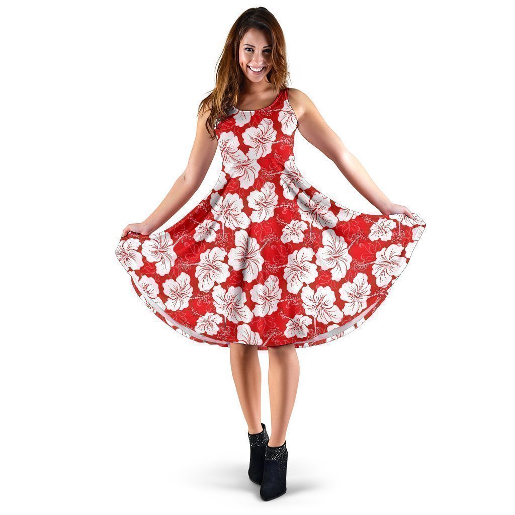 Flower Hawaiian Hibiscus Red Background Print Sleeveless Dress