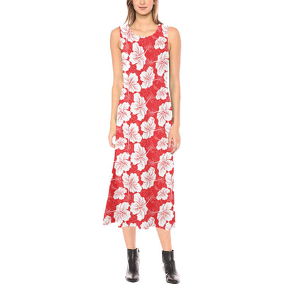 Flower Hawaiian Hibiscus Red Background Print Sleeveless Open Fork Long Dress (Model D08)-JTAMIGO.COM