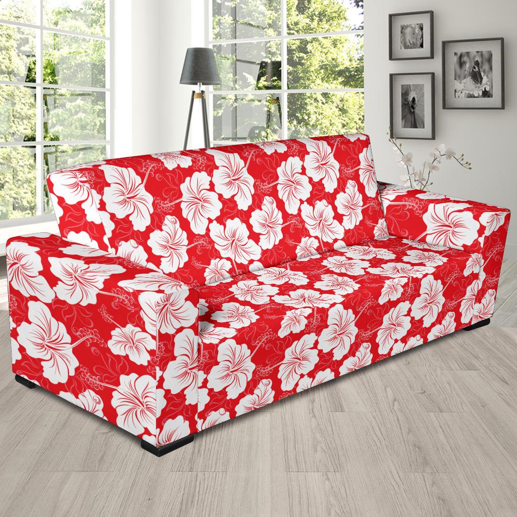 Flower Hawaiian Hibiscus Red Background Print Sofa Slipcover-JTAMIGO.COM