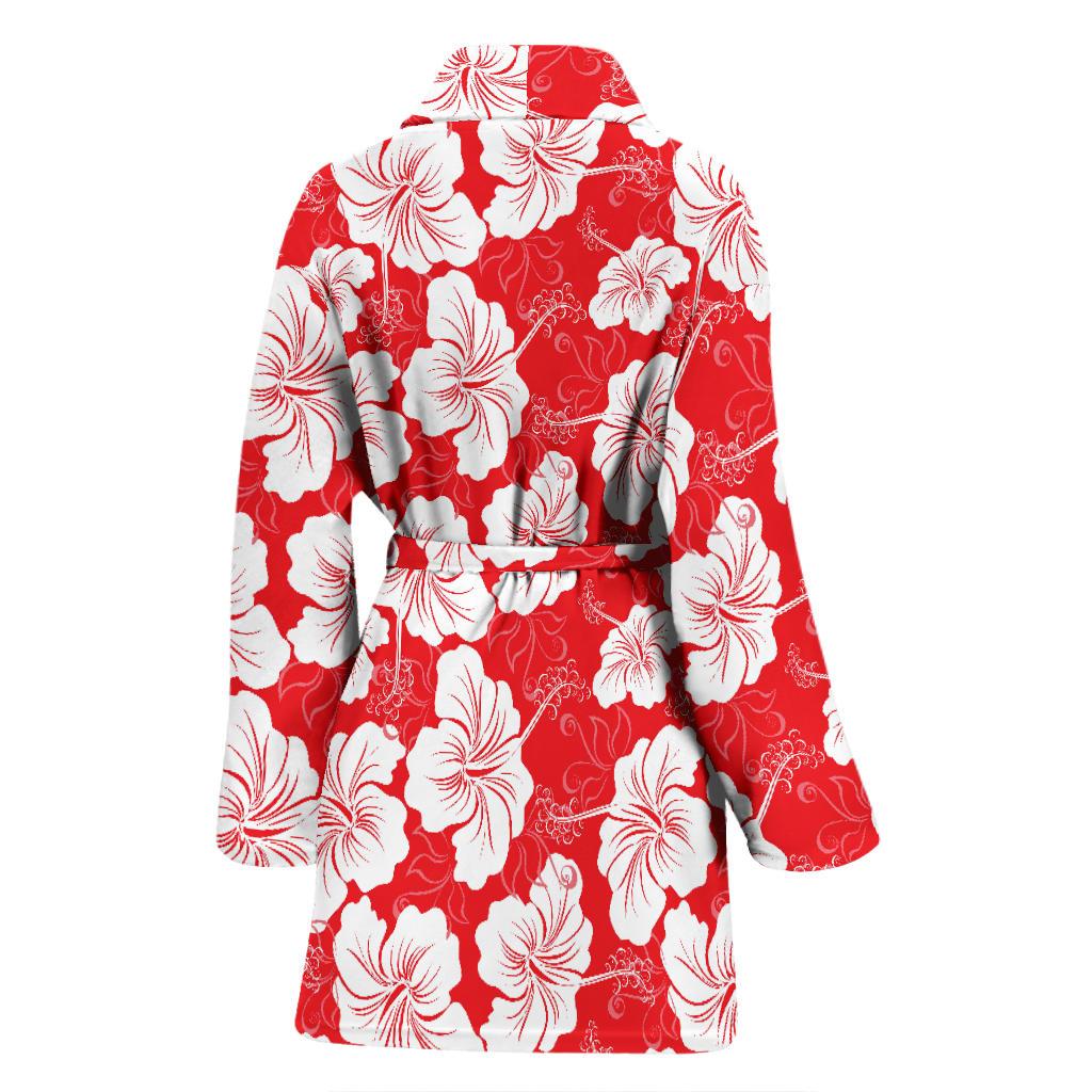 Flower Hawaiian Hibiscus Red Background Print Women Bath Robe-JTAMIGO.COM