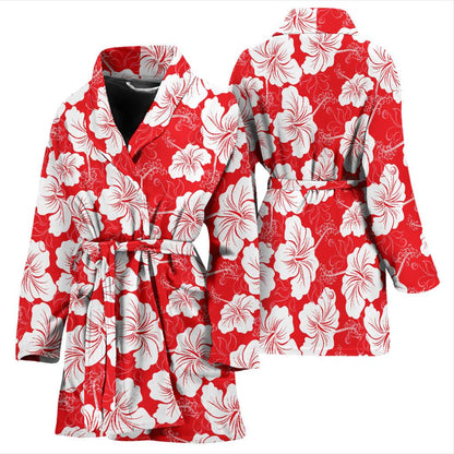 Flower Hawaiian Hibiscus Red Background Print Women Bath Robe-JTAMIGO.COM