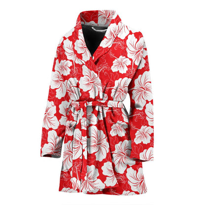 Flower Hawaiian Hibiscus Red Background Print Women Bath Robe-JTAMIGO.COM
