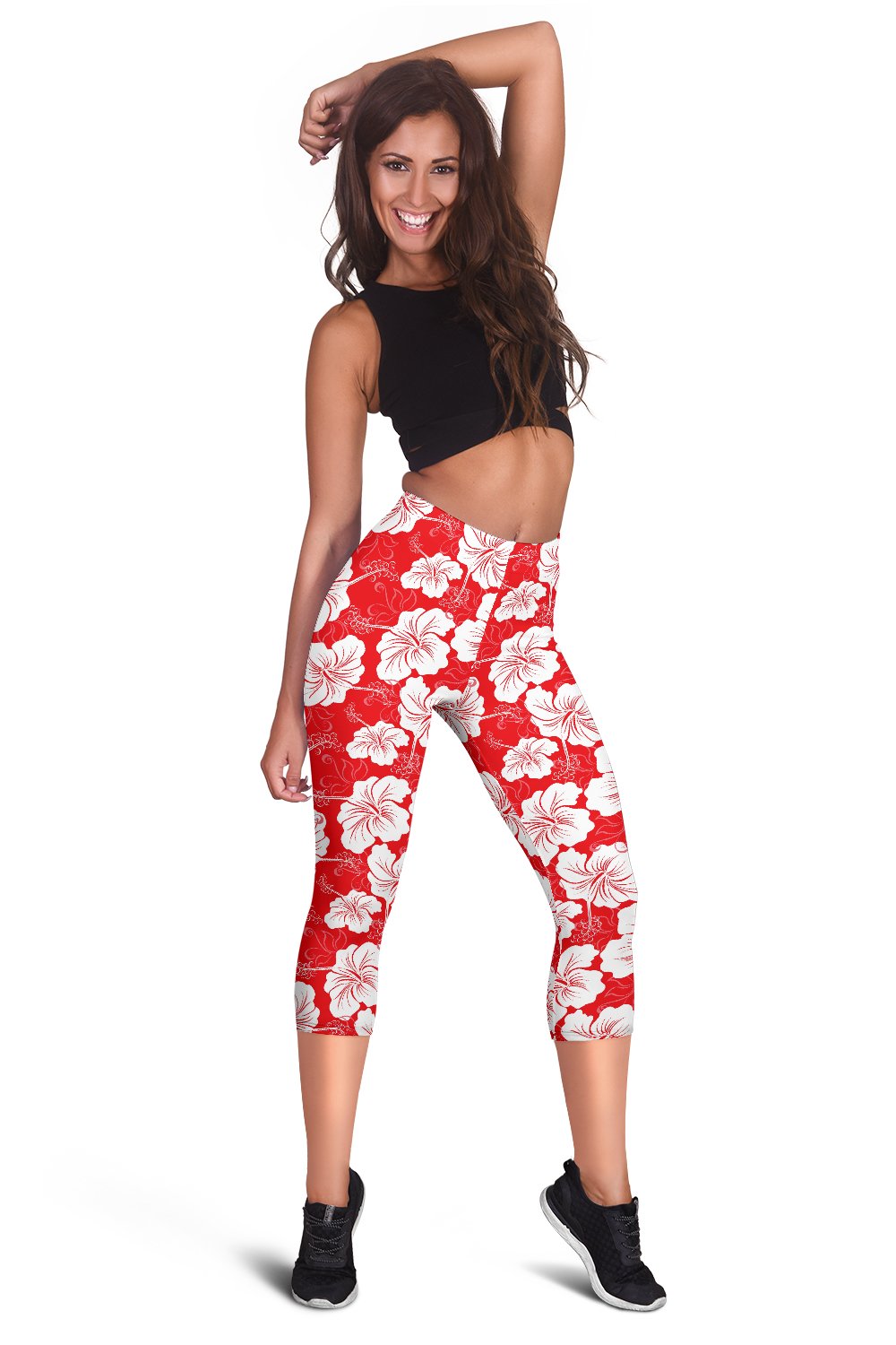 Flower Hawaiian Hibiscus Red Background Print Women Capris