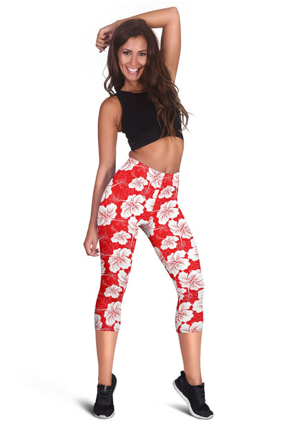 Flower Hawaiian Hibiscus Red Background Print Women Capris